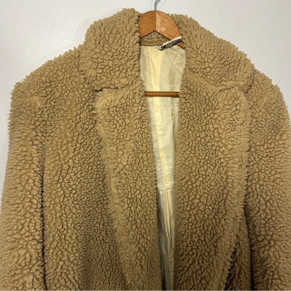 Vintage tan teddy car coat cozy sherpa style trench plush fluffy neutral jacket - Picture 8 of 15